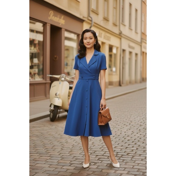 Black Halo Dresses & Skirts - Black Halo Short Sleeve Fit & Flare Midi Dress Vintage Inspired Retro 50s Luxe